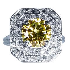 Edwardian Fancy Yellow 2.14 Carat GIA Cert Diamond Platinum Ring 7