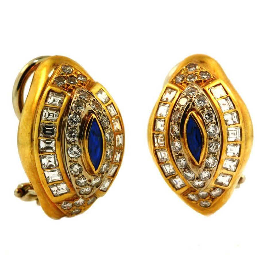 Custom Made Yellow Gold Sapphire Diamond Earrings For Sale