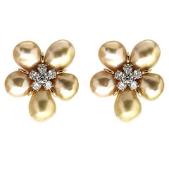 Golden Keshi Pearl Cluster Clover Earrings with Diamonds