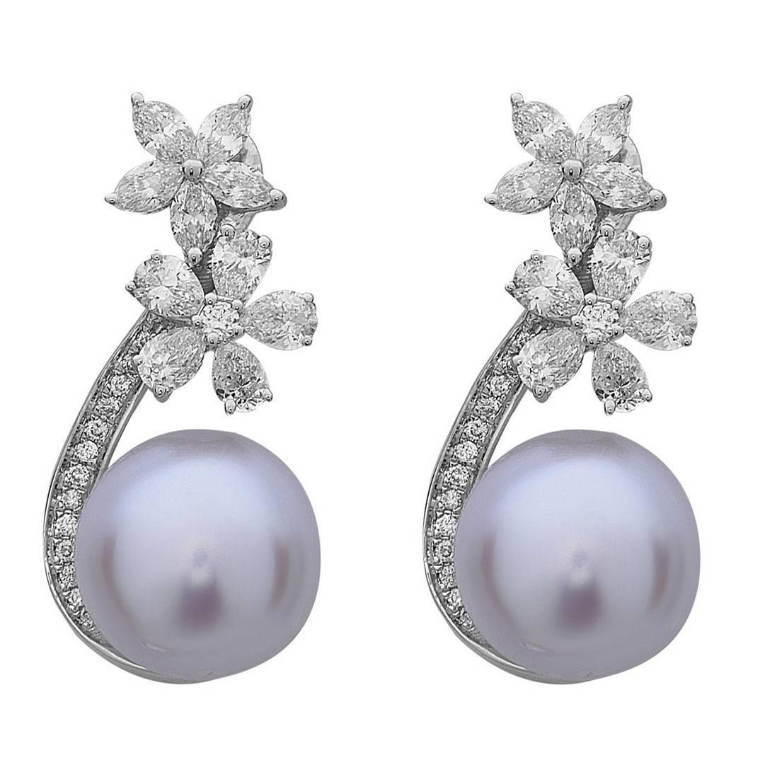 Pearl Diamond Gold Floral Earrings