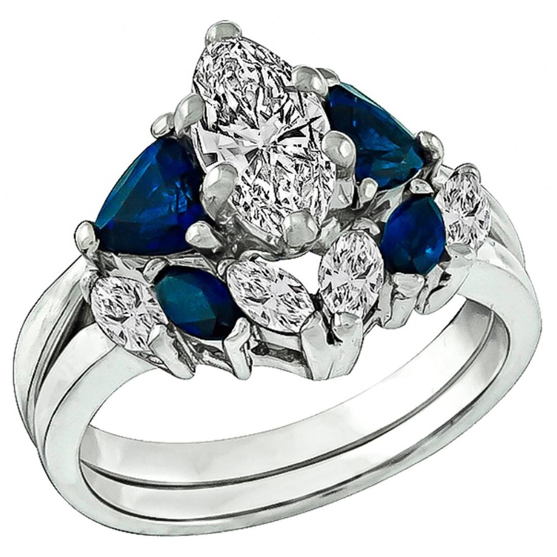 GIA Cert 1.08 Carat Sapphire Diamond Engagement Ring and Wedding Band Set