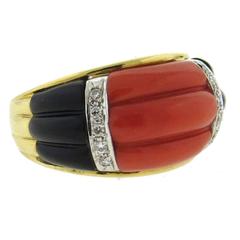 Fine Carved Coral Onyx Diamond Gold Ring