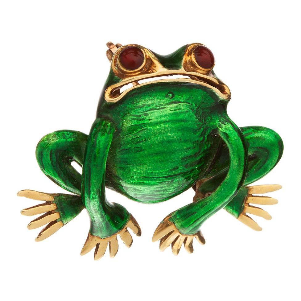 Green Enamel Gold Frog Brooch with Ruby Eyes
