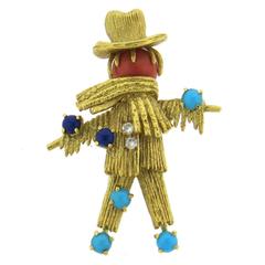 Whimsical Gold Coral Diamond Lapis Turquoise Scarecrow Brooch Pin