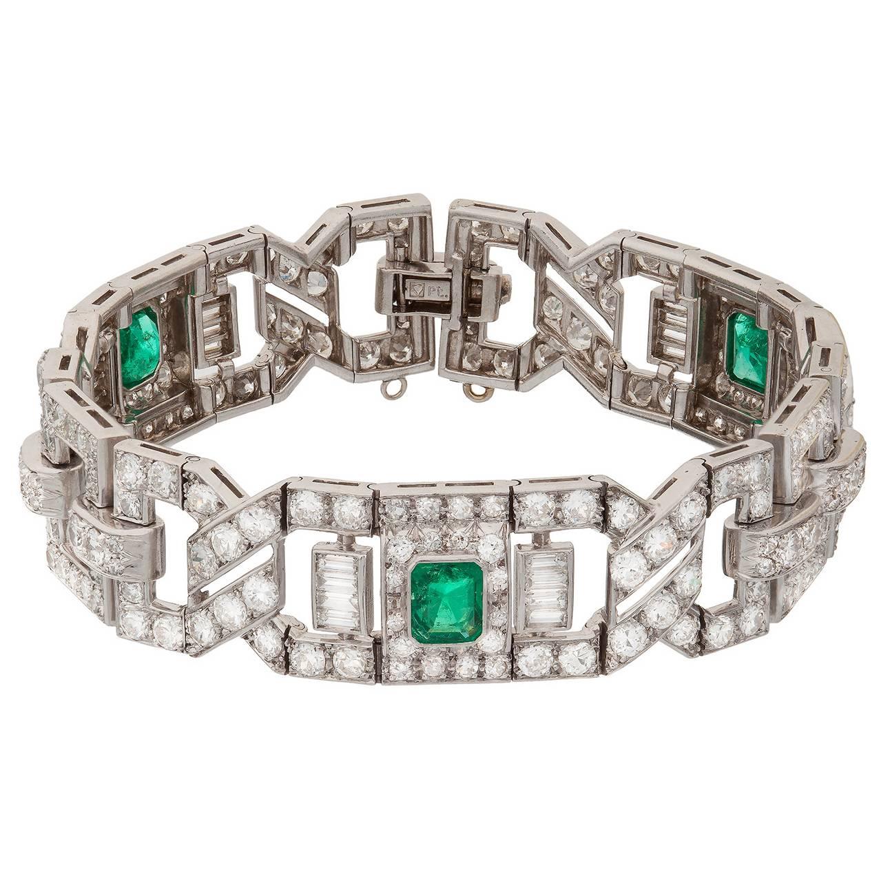 Art Deco Emerald Diamond Platinum Link Bracelet