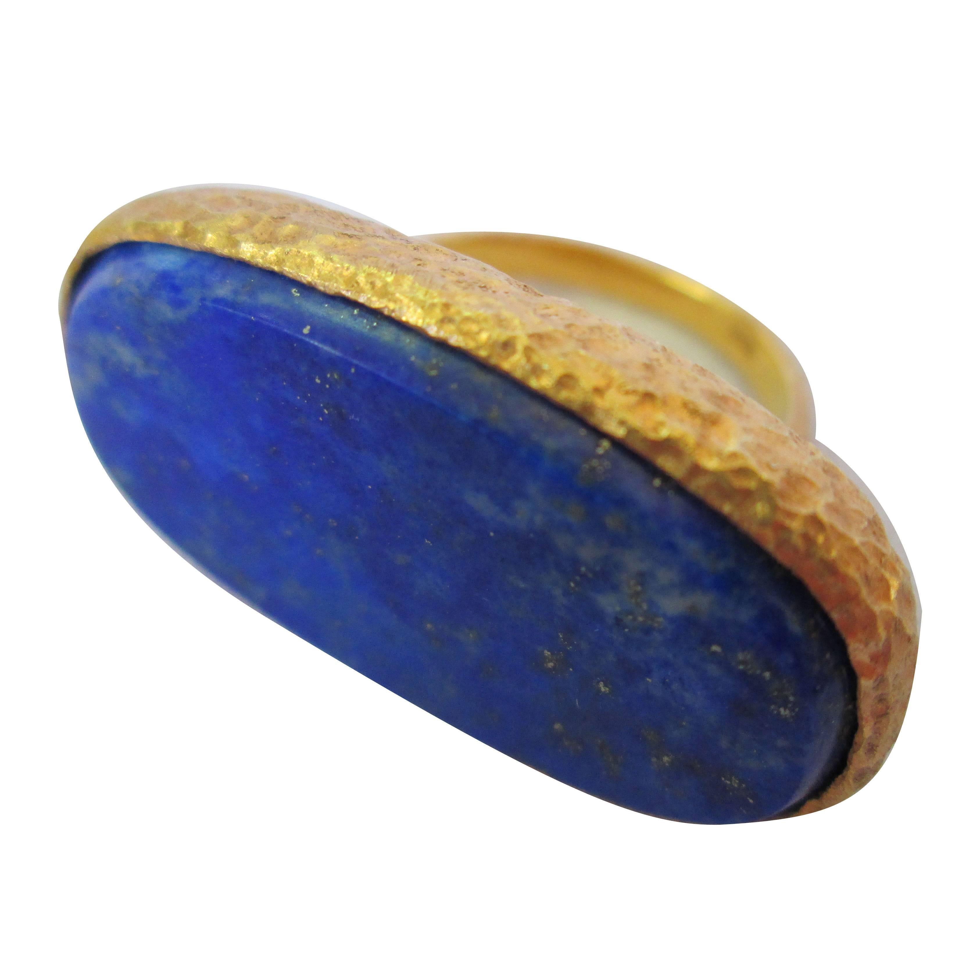 Large Oval Lapis Lazuli Stone In Hand Hammered Gold Ring By Marina J. 2016