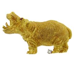 George Lederman Hippopotamus Ruby Diamond Gold Brooch Pin