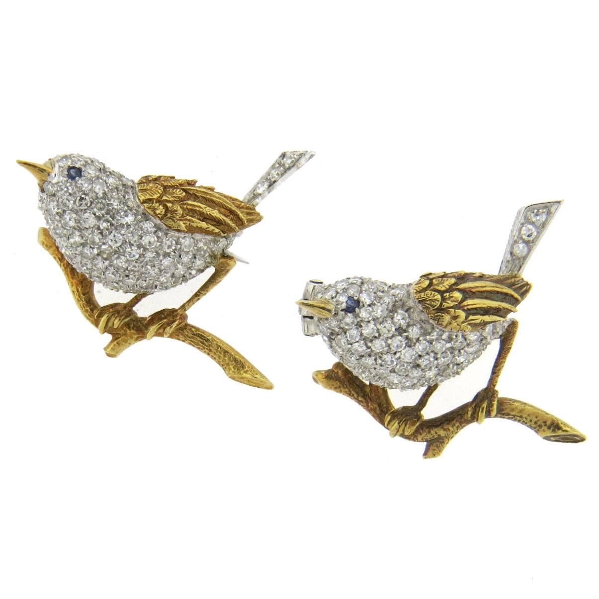 Adorable Tiffany & Co. Sapphire Diamond Gold Bird Brooch Pin Set