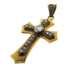 Antique Rose Cut Diamond Gold Cross Pendant