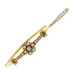 Antique Victorian Gold Old Mine Cut Diamond Pearl Knife' s Edge Bangle Bracelet