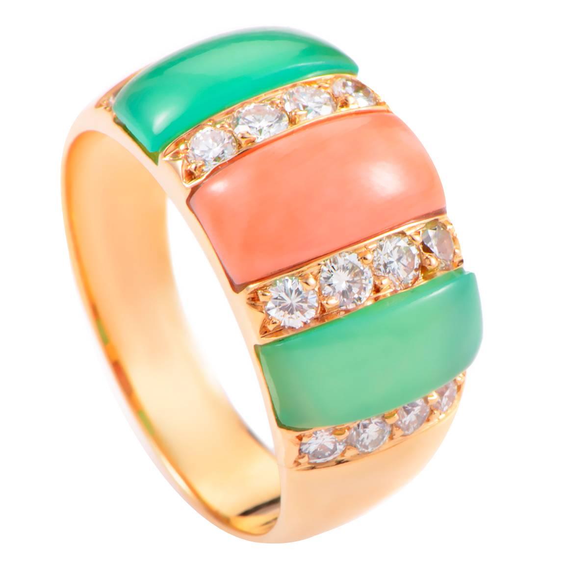 Van Cleef & Arpels Diamond Coral and Chrysoprase Gold Ring