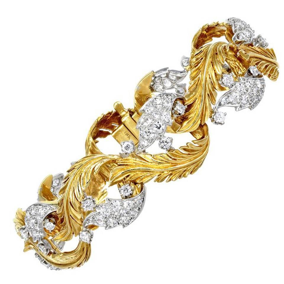 Retro Diamond Gold Platinum Leaf Bracelet For Sale