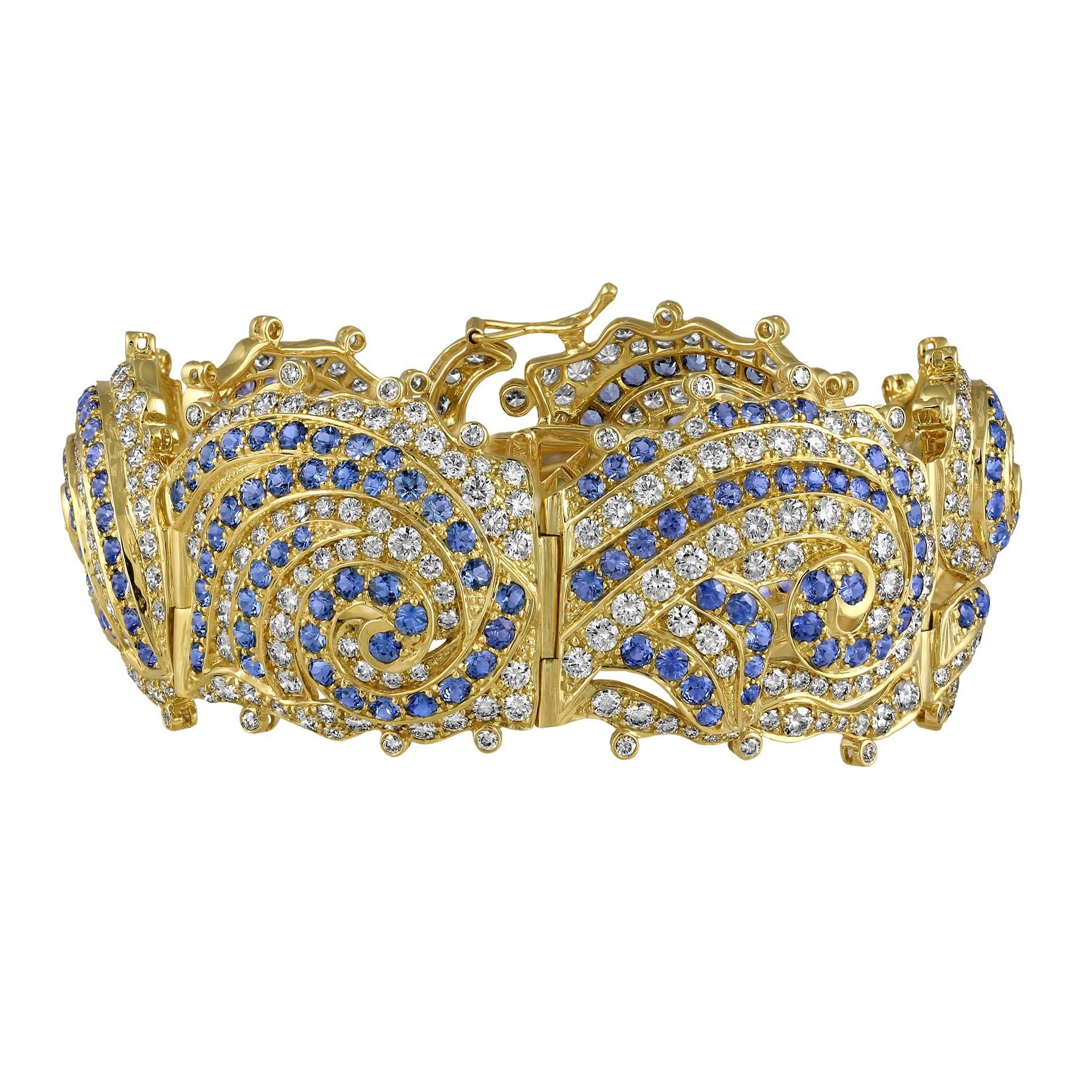 Crevoshay Blue Sapphire Diamond Gold Bracelet  For Sale