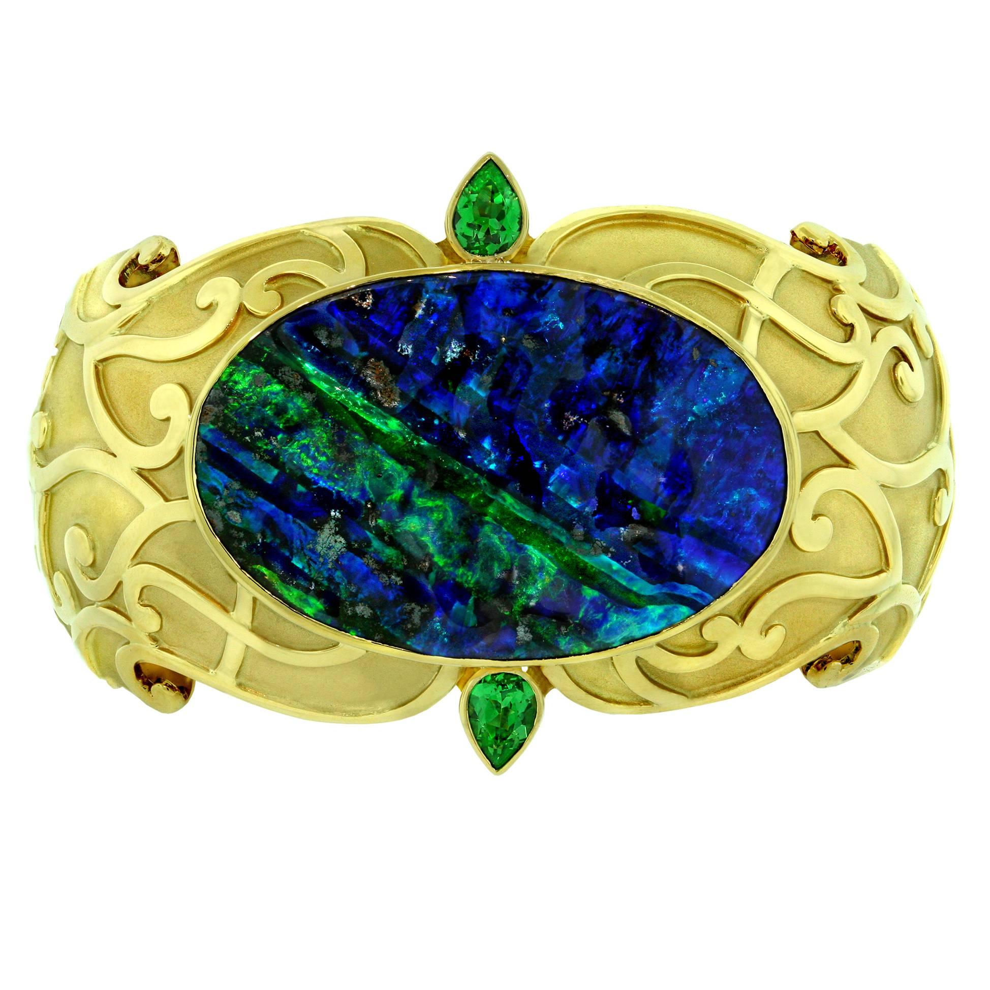 Crevoshay Boulder Opal Tsavorite Gold Cuff Bracelet For Sale
