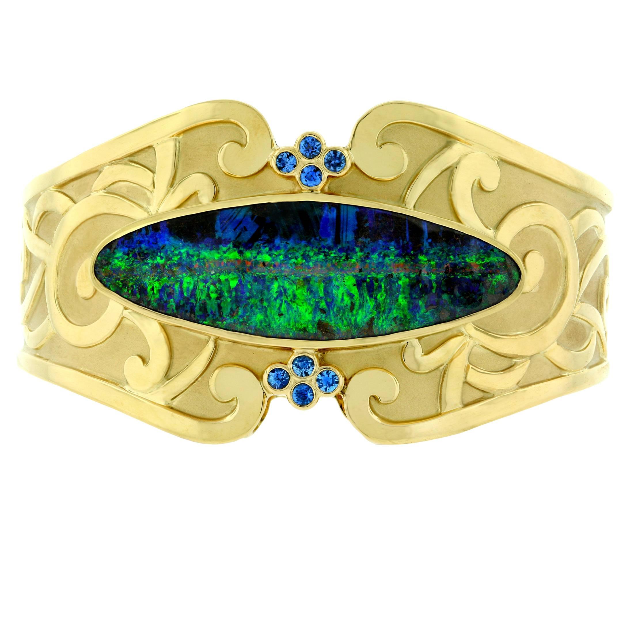 Crevoshay Boulder Opal Blue Sapphires Gold Cuff Bracelet For Sale