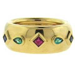 Cartier Classic Sapphire Emerald Ruby Gold Wide Band Ring