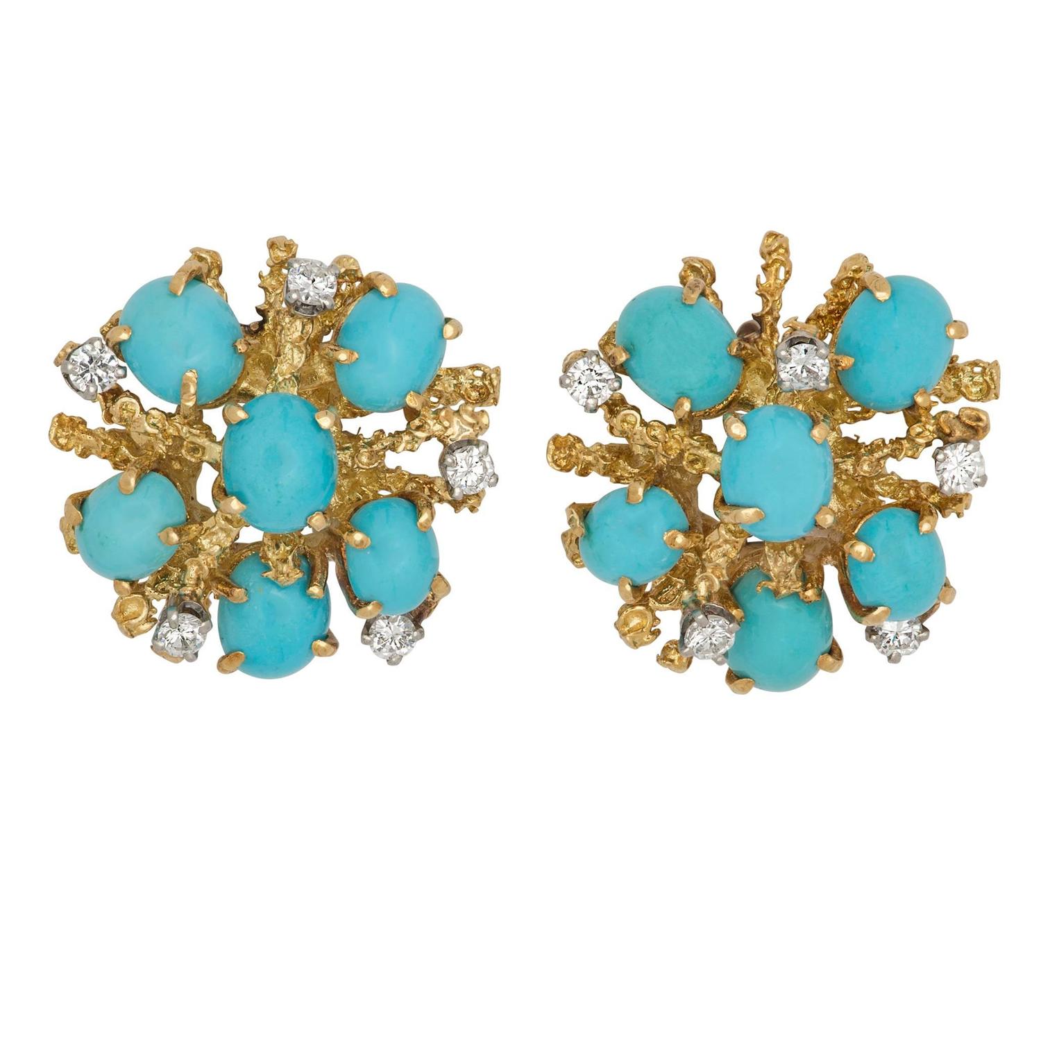 Persian Turquoise Diamond Gold Earrings For Sale at 1stdibs