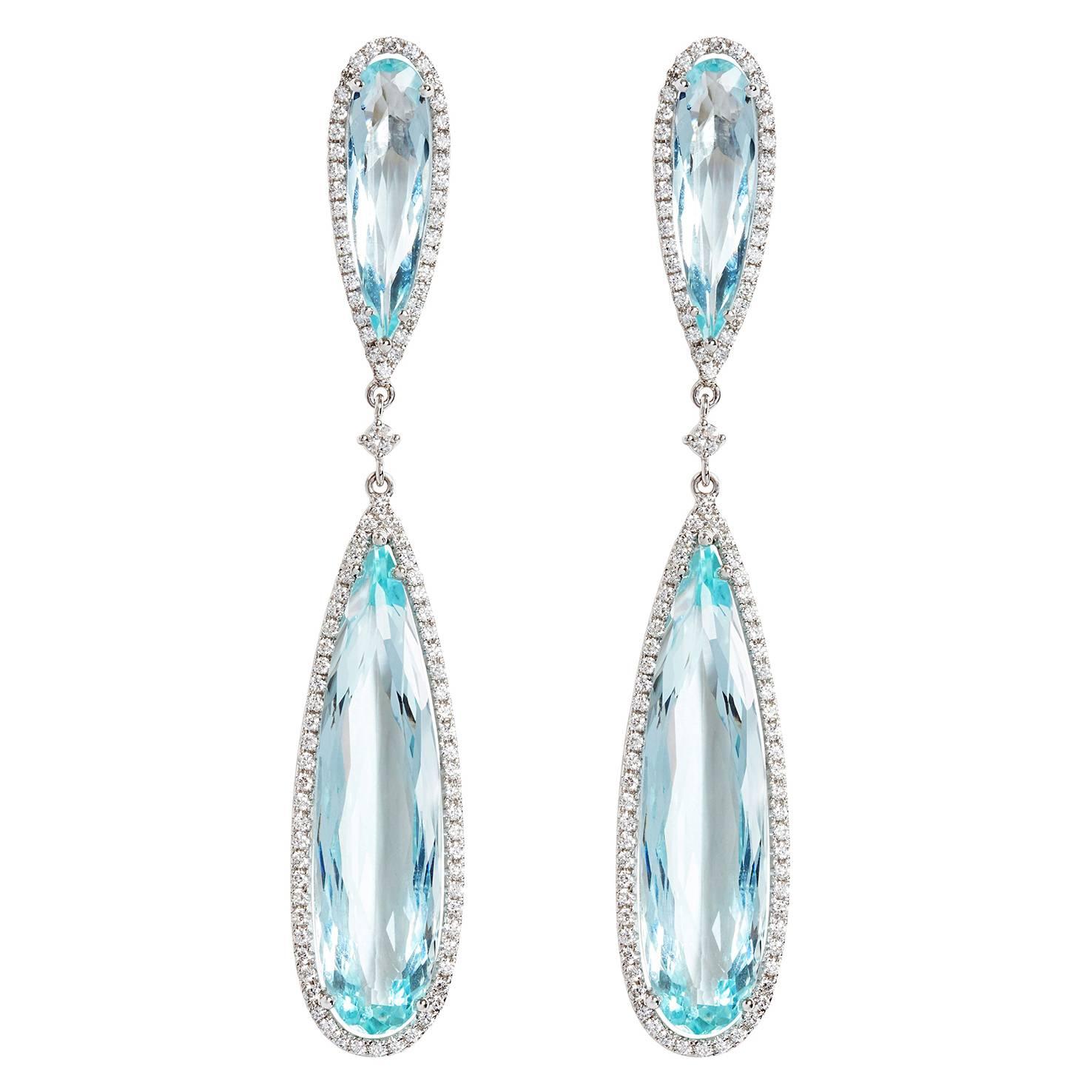 Pear Shaped Aquamarine and Diamond Earrings For Sale