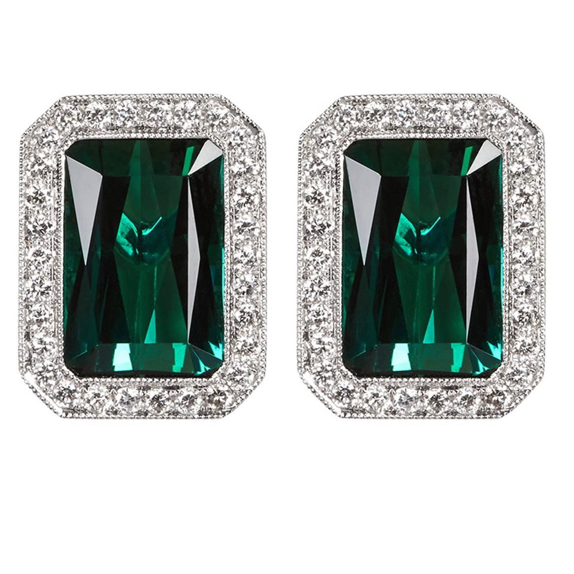 Chrome Green Tourmaline Diamond Earrings   For Sale