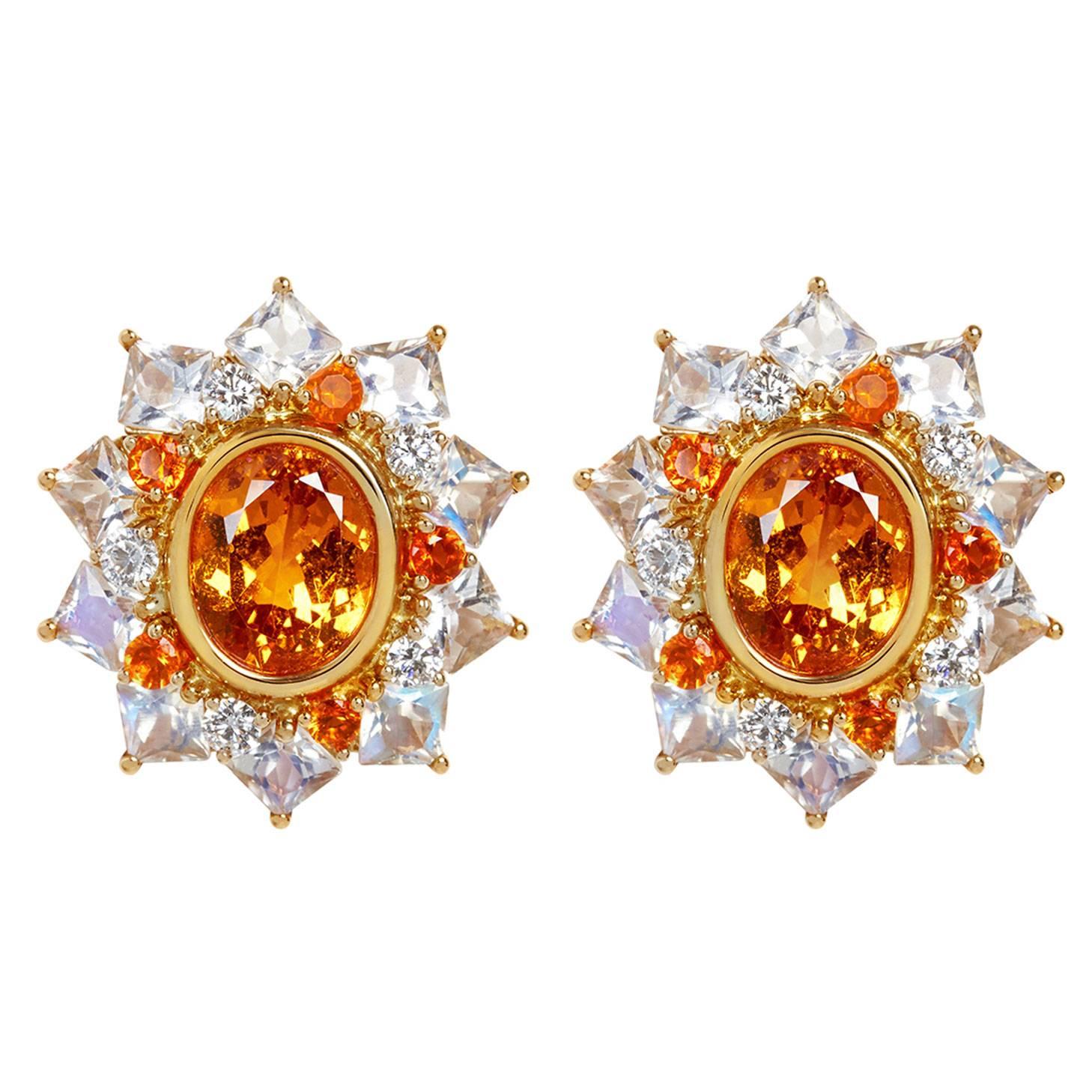 African Mandarin Orange Garnet, Moonstone, Fire Opal and Diamond Earring For Sale