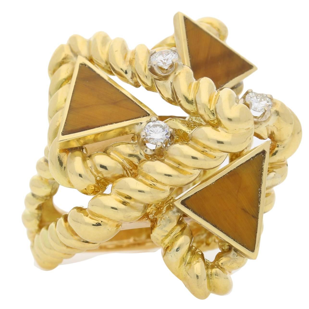 La Triomphe Tiger's Eye Diamond Gold Cocktail Ring