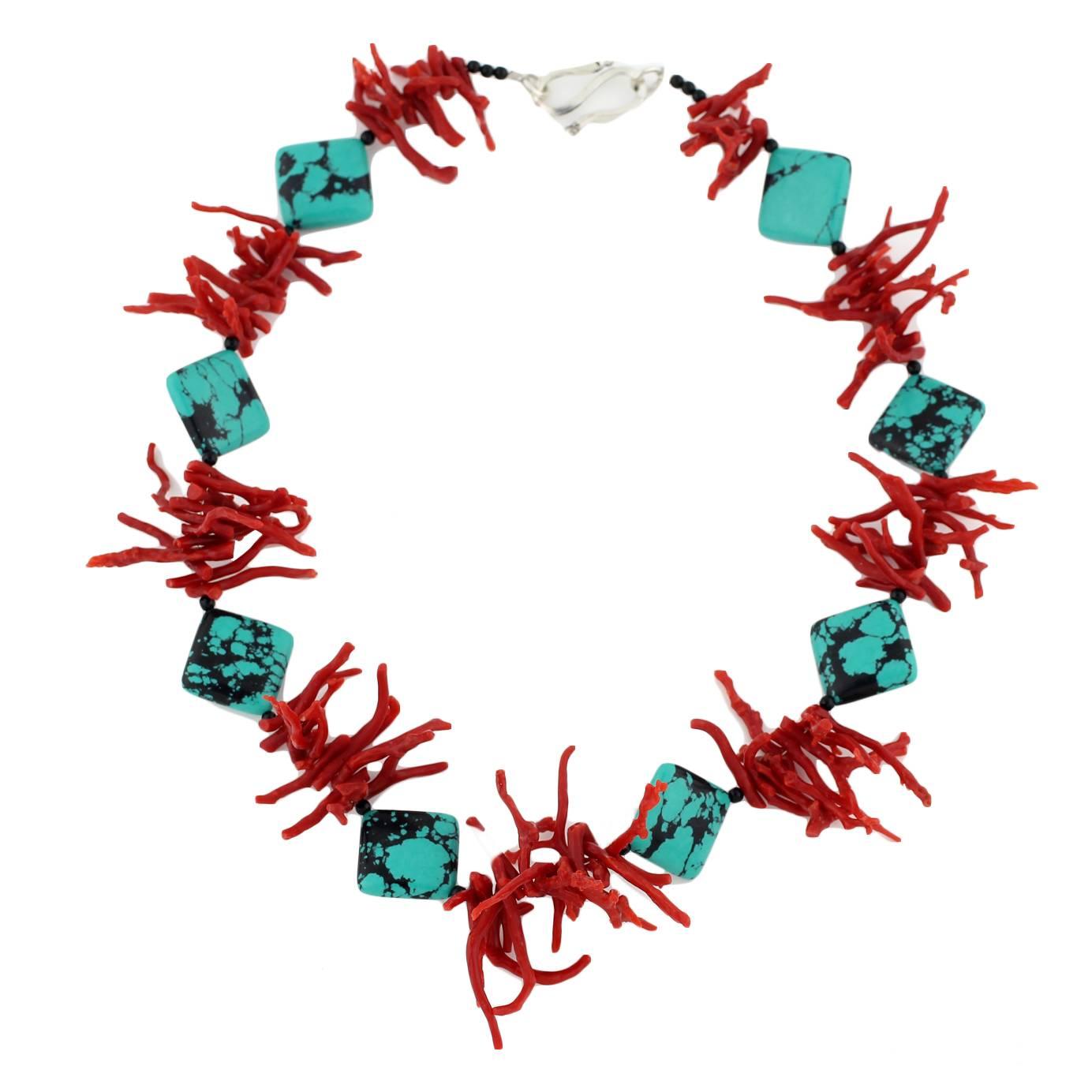 Natural Red Coral Branches enhanced by real American Blue Turquoise Necklace