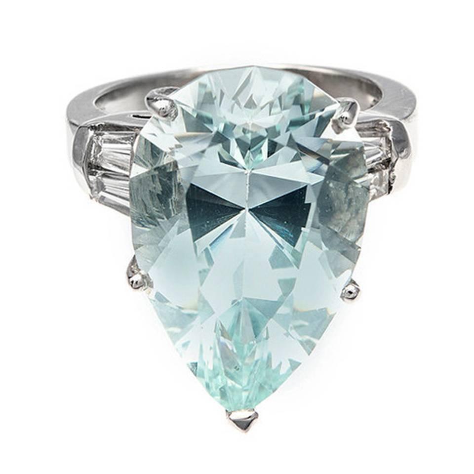 1940s 12.99 Carat Pear Shaped Natural Aquamarine Diamond Platinum Cocktail Ring