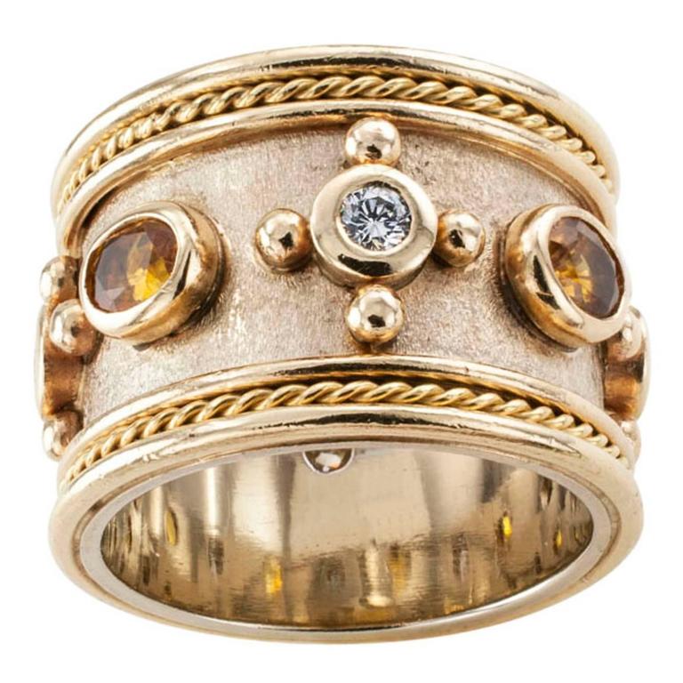 Wide Yellow Sapphire Diamond Gold Band Ring at 1stDibs