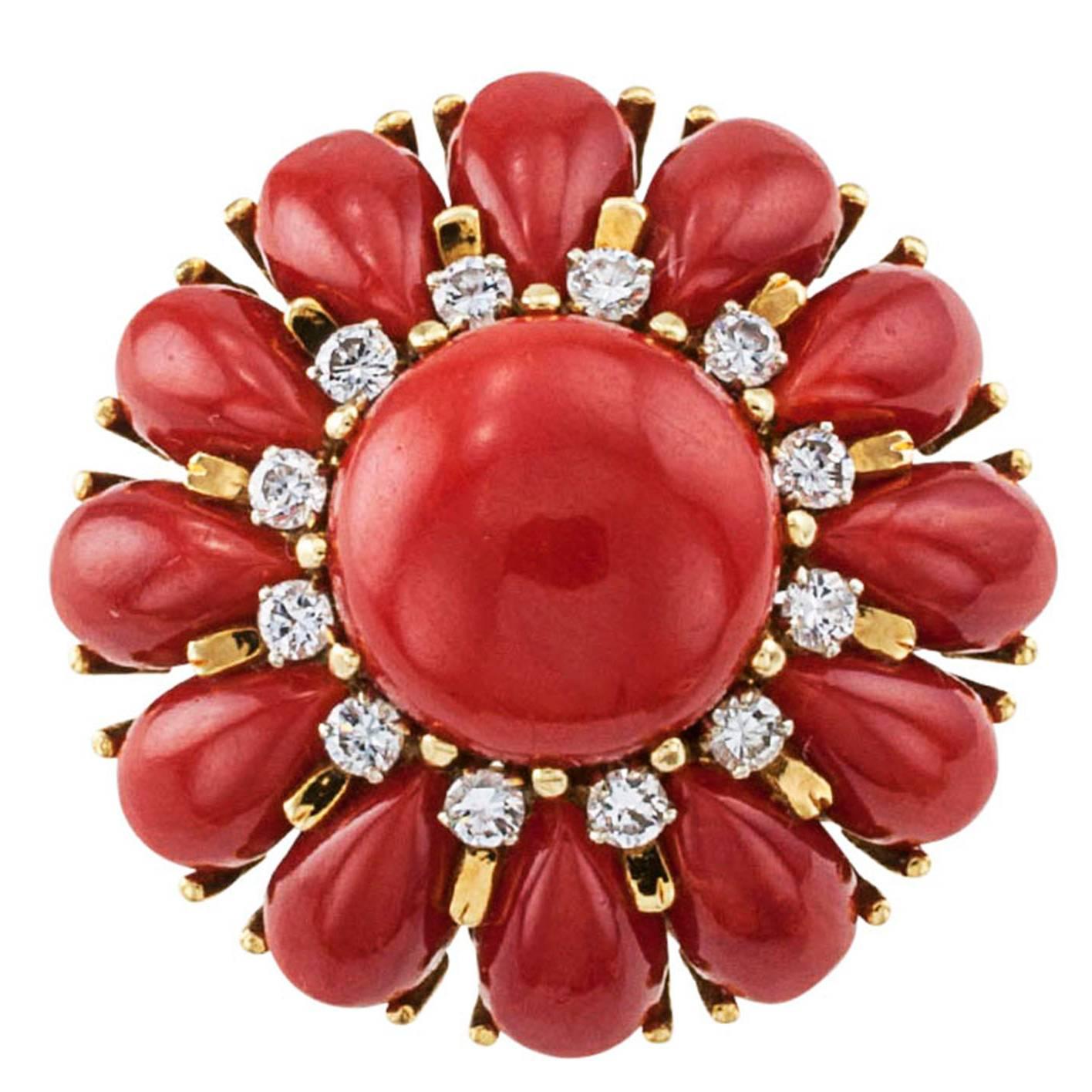 Red Coral Diamond Gold Ring