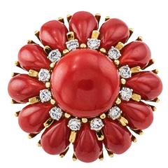 Red Coral Diamond Gold Ring