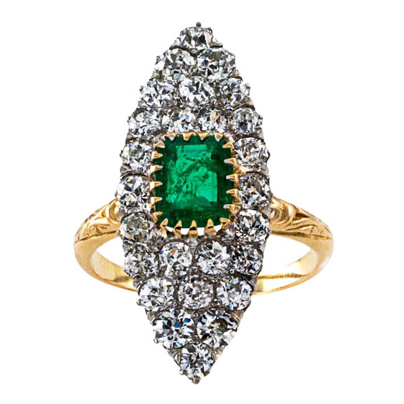 Edwardian Emerald Diamond Gold Platinum Ring
