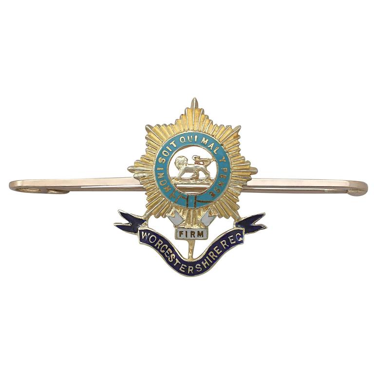15k Yellow Gold and Enamel, Worcestershire Regiment Bar Brooch, Antique