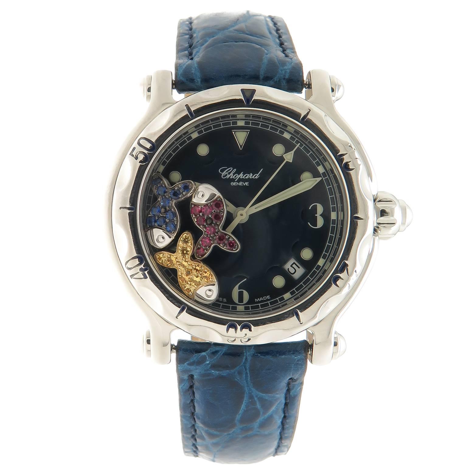 Chopard Stainless Steel Happy Sport Floating Fish Steel Quartz Wristwatch