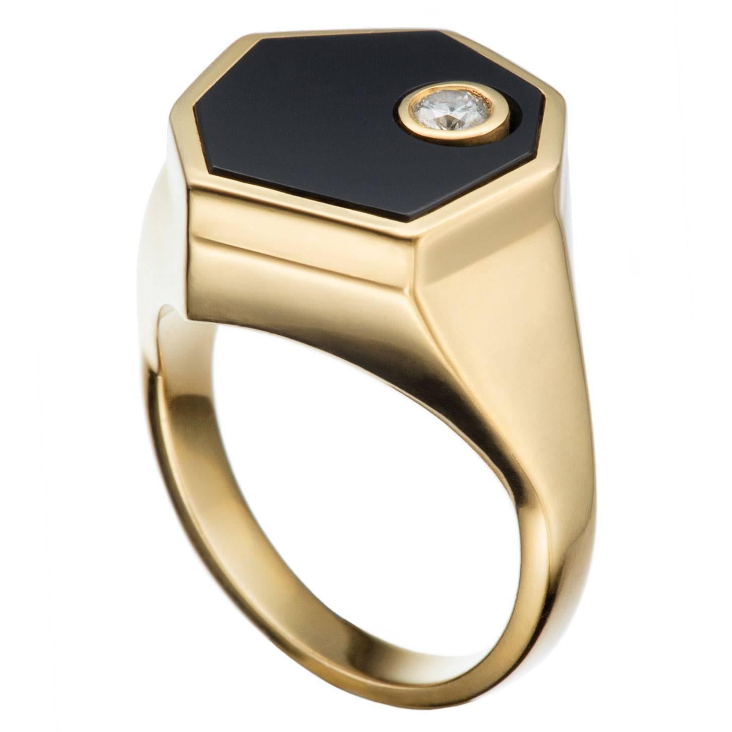Hannah Martin London Onyx Diamond Gold Signet Facet Ring  For Sale