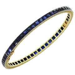 1930s Blue Sapphire Gold Platinum Filigree Handmade Bracelet