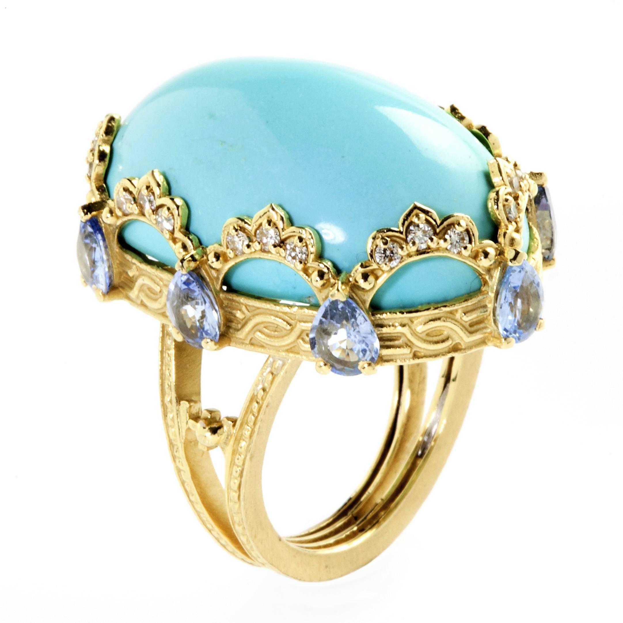 Stambolian Persian Turquoise Blue Sapphire Gold Ring