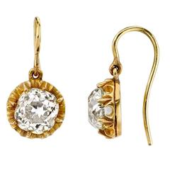 Antique 3.50 Carat Victorian Cushion Cut Diamond Gold Drop Earrings