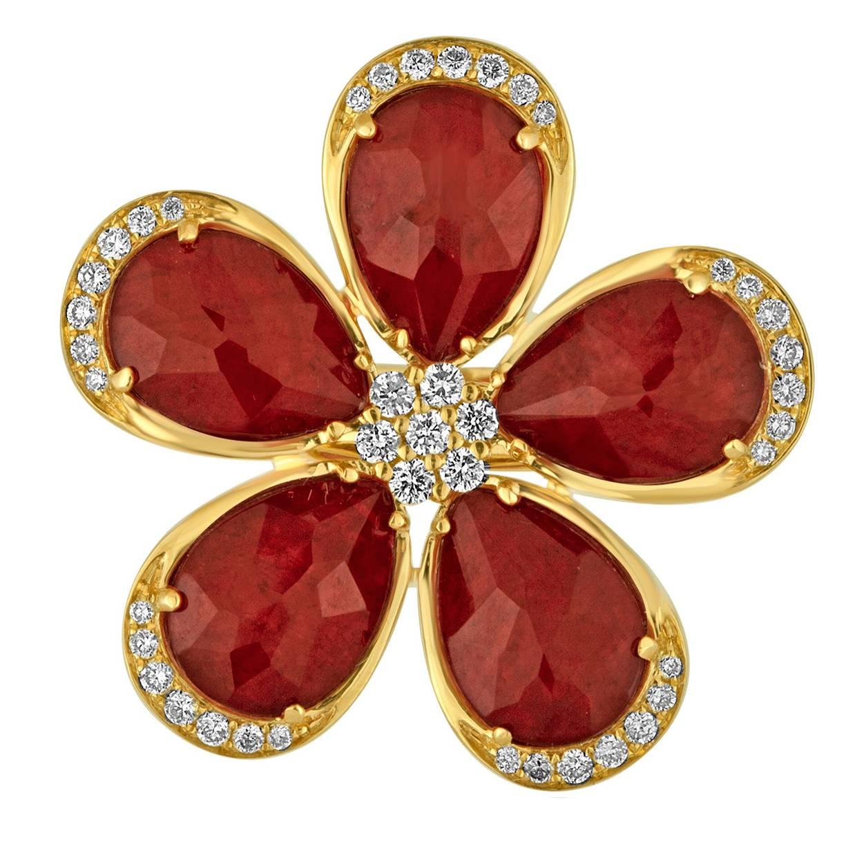 Doublet Ruby Rock Crystal Diamond Gold Flower Ring