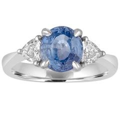 AGL Certified No Heat 2.44 Carat Blue Oval Sapphire 3 Stone Diamond Ring 2