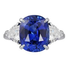 5.98 Carat Ceylon Sapphire Diamond Platinum Three Stone Ring 9