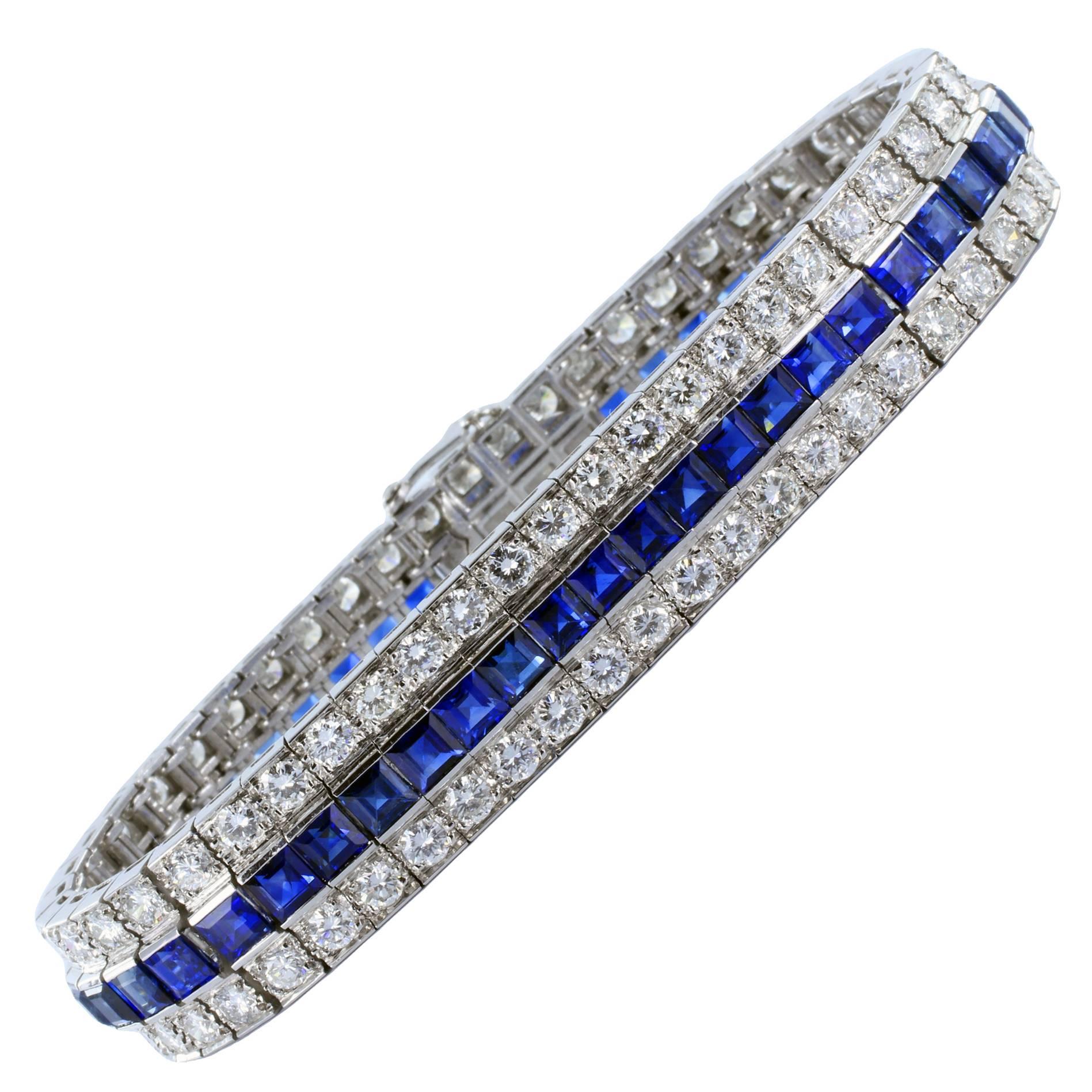 Sapphire Diamond Platinum Three Row Bracelet For Sale