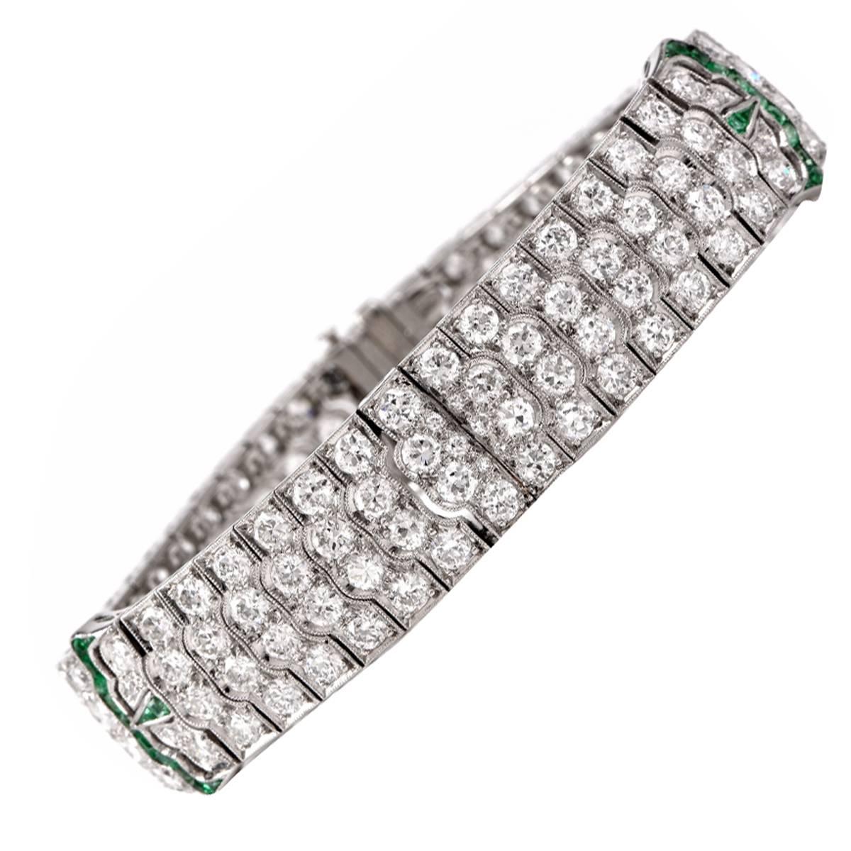 Art Deco Emerald Diamond Platinum Wide Bracelet