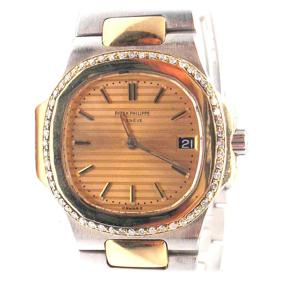 Patek Philippe Yellow Gold Stainless Steel Diamond Nautilus Quartz Wristwatch