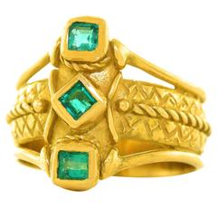 Vintage 1970s Archaic Motif Emerald Gold Ring