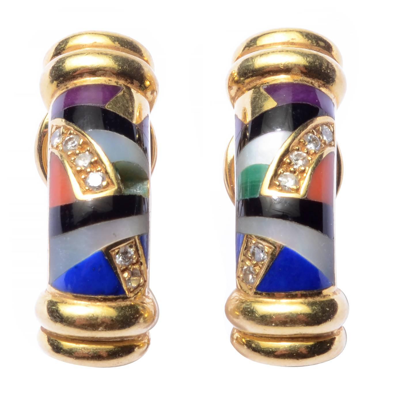 Asch Grossbardt Inlaid Stone Diamond Gold Earrings 