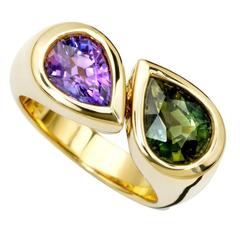Deux Poires Green and Purple Sapphire Gold Ring 12