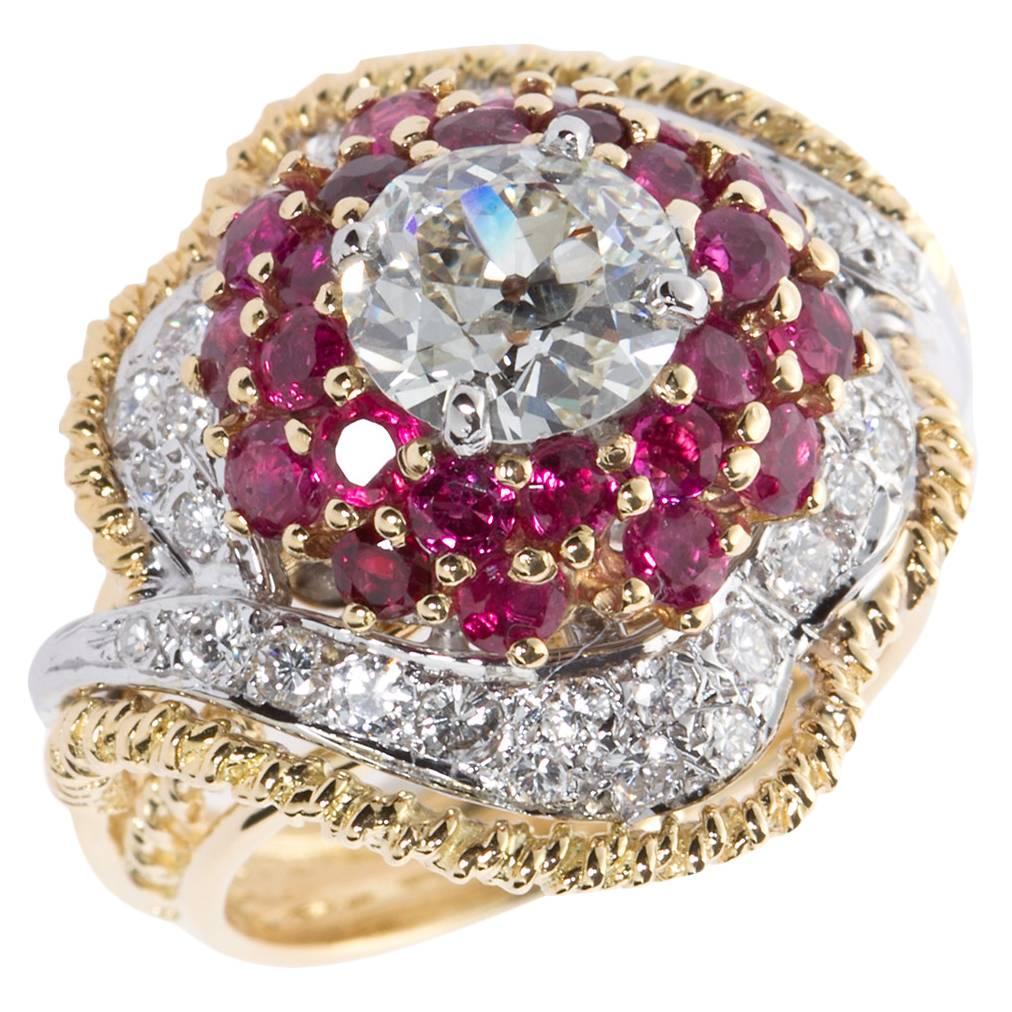 Chic 1960s Old European Cut Diamond Ruby Gold Cocktail Ring