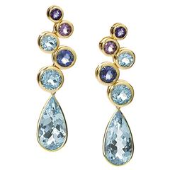 Cirkel Amethyst Iolite Blue Topaz Gold Drop Earrings
