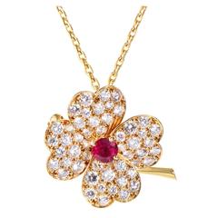 Van Cleef & Arpels Ruby Diamond Gold Pendant Brooch Choker Necklace