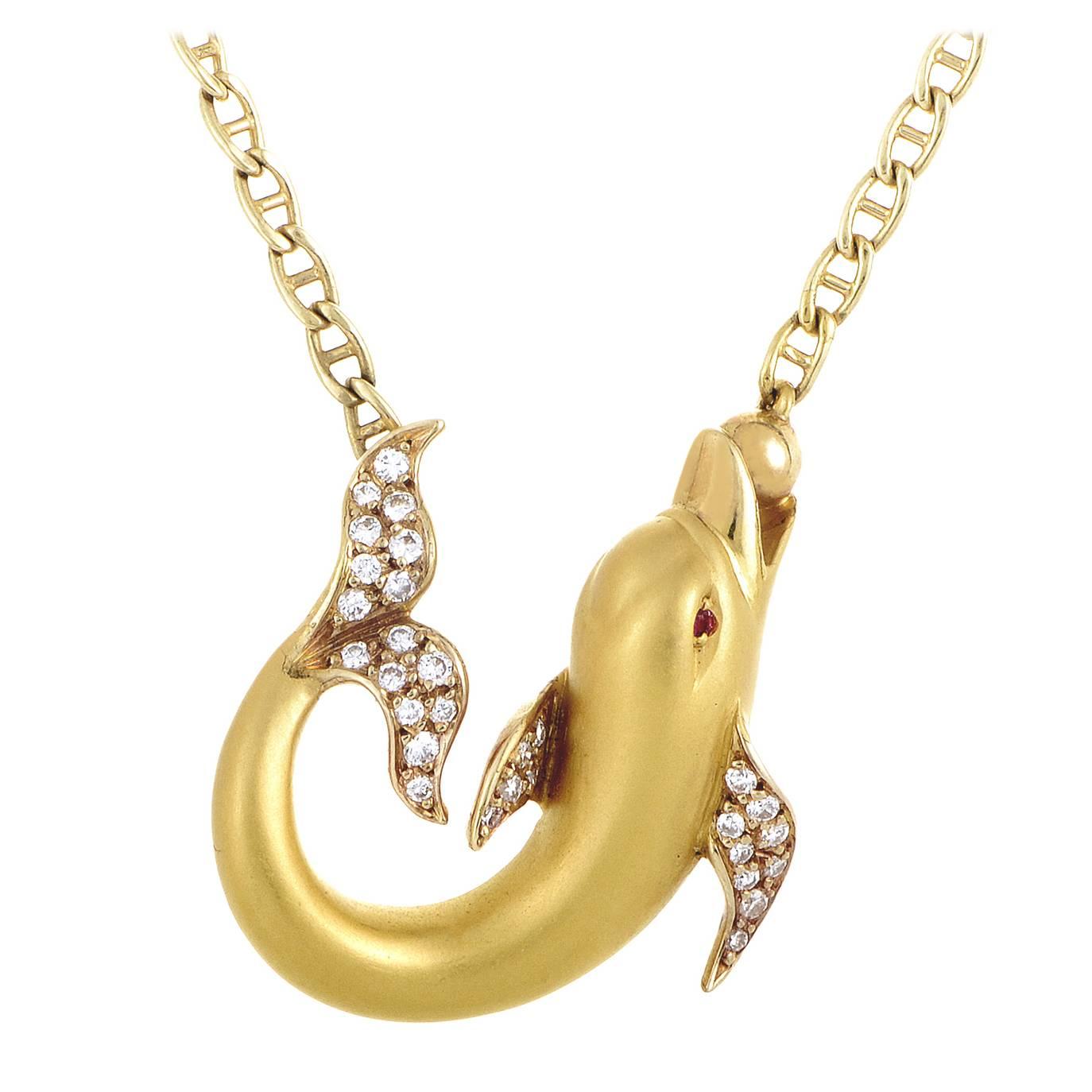 Carrera y Carrera Ruby Diamond Gold Dolphin Pendant Necklace